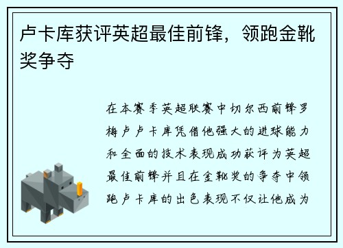 卢卡库获评英超最佳前锋，领跑金靴奖争夺